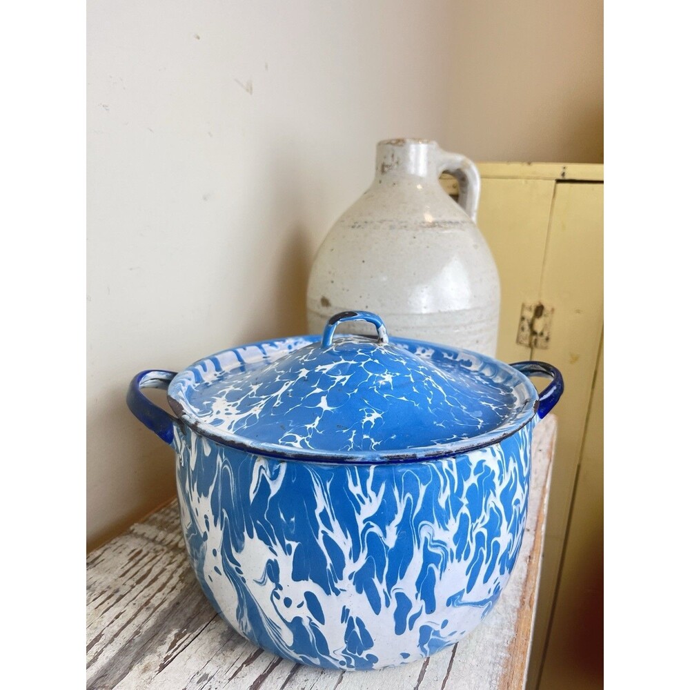 Antique Blue Swirl Graniteware Saucepan W/Lid And Handles 8”x 6” Country Rare